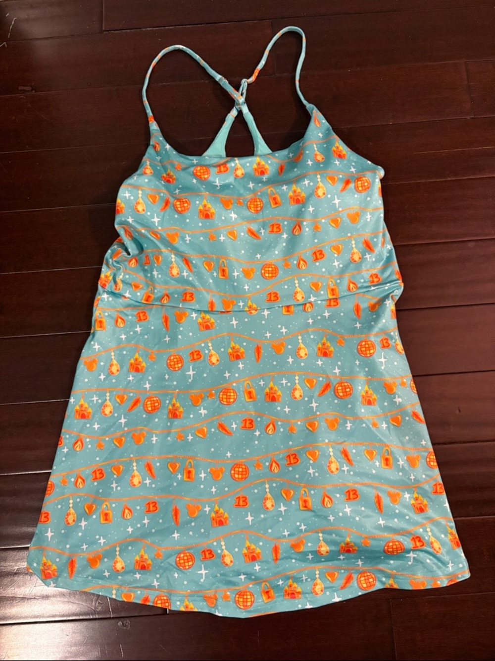 Aqua Blue Orange Patterned Strappy Tennis Dress Showgirl Disney RUNS SMALL